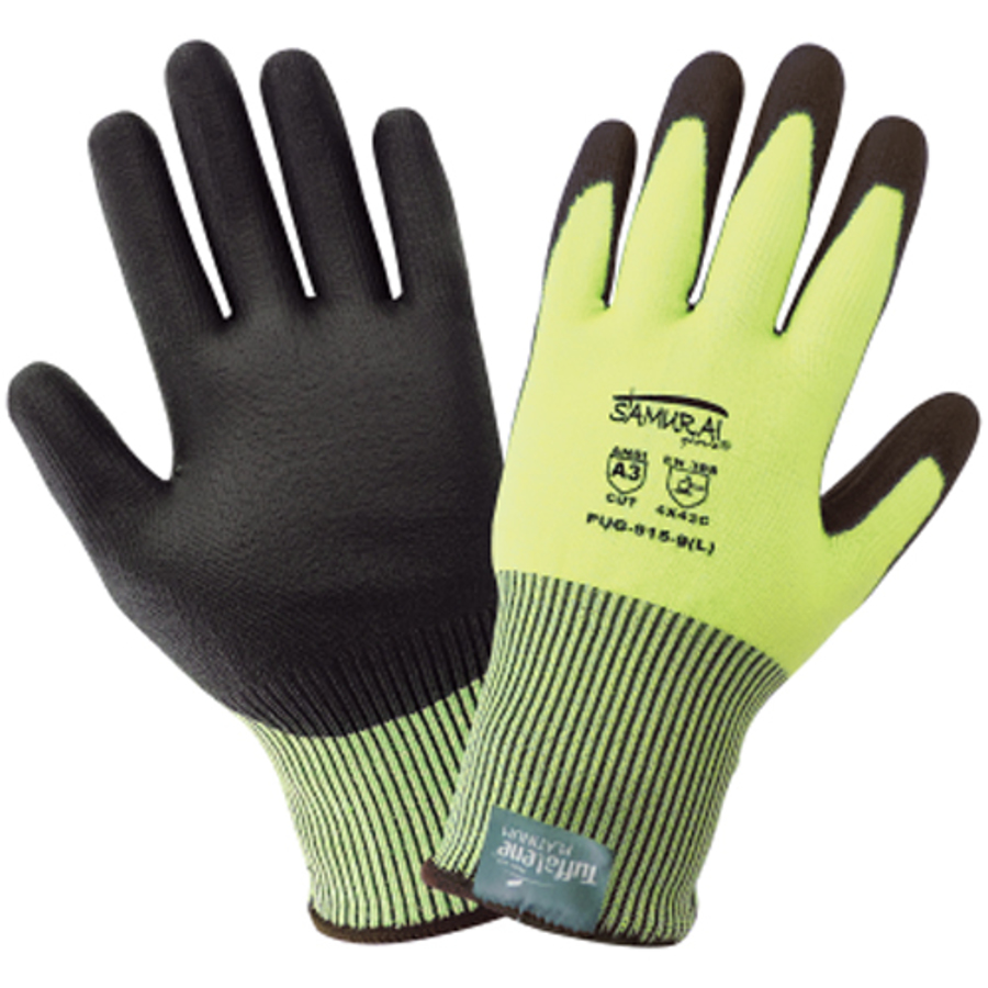 Samurai Glove UHMWPE Cut Resistant Gloves w/Polyurethane Palm Coating, PUG-915, Cut A3, Black/Hi-Vis Green