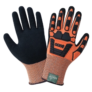 Seamless Impact Resistant Gloves w/Foam Nitrile Palm Coating, CIA388XFT, Cut A4, Black/Hi-Vis Orange