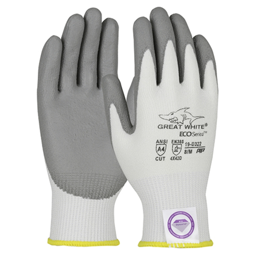 Great White Eco Series Seamless Cut Resistant Gloves w/Polyurethane Coating, 19-D322, Cut A4, Gray/White