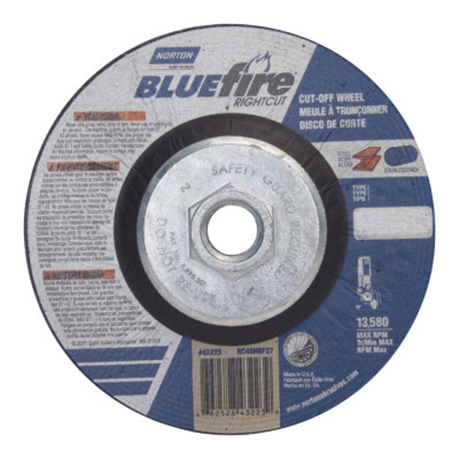 BlueFire RightCut A AO Right Angle Cut-Off Wheel, 66252843223, Type 27/42, 4-1/2" Diameter, 1/16" Thickness, 5/8"-11 Arbor