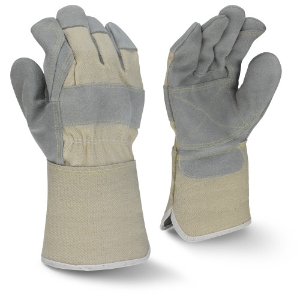 Side Split Cowhide Leather Double Palm Gloves w/Gauntlet Cuffs, RWG3400WDPG, Beige/Gray