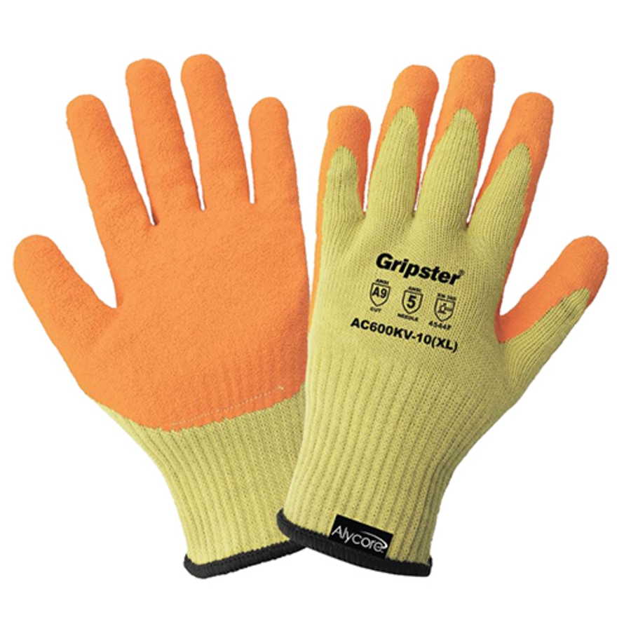 Gripster Aralene Cut & Hypodermic Needle Resistant Gloves w/Rubber Latex Palm Coating, AC600KV, Hi-Vis Orange/Yellow