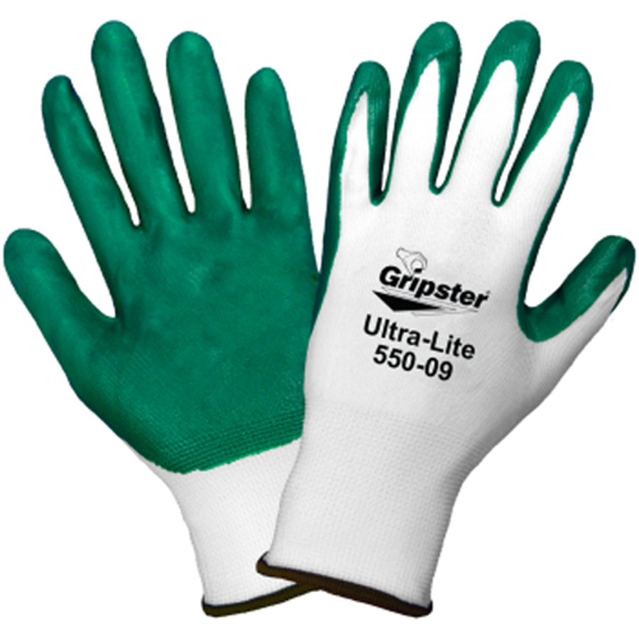 Gripster Ultra-Light Nylon Gloves w/Nitrile Palm Coating, 550, Cut A1, Green/White