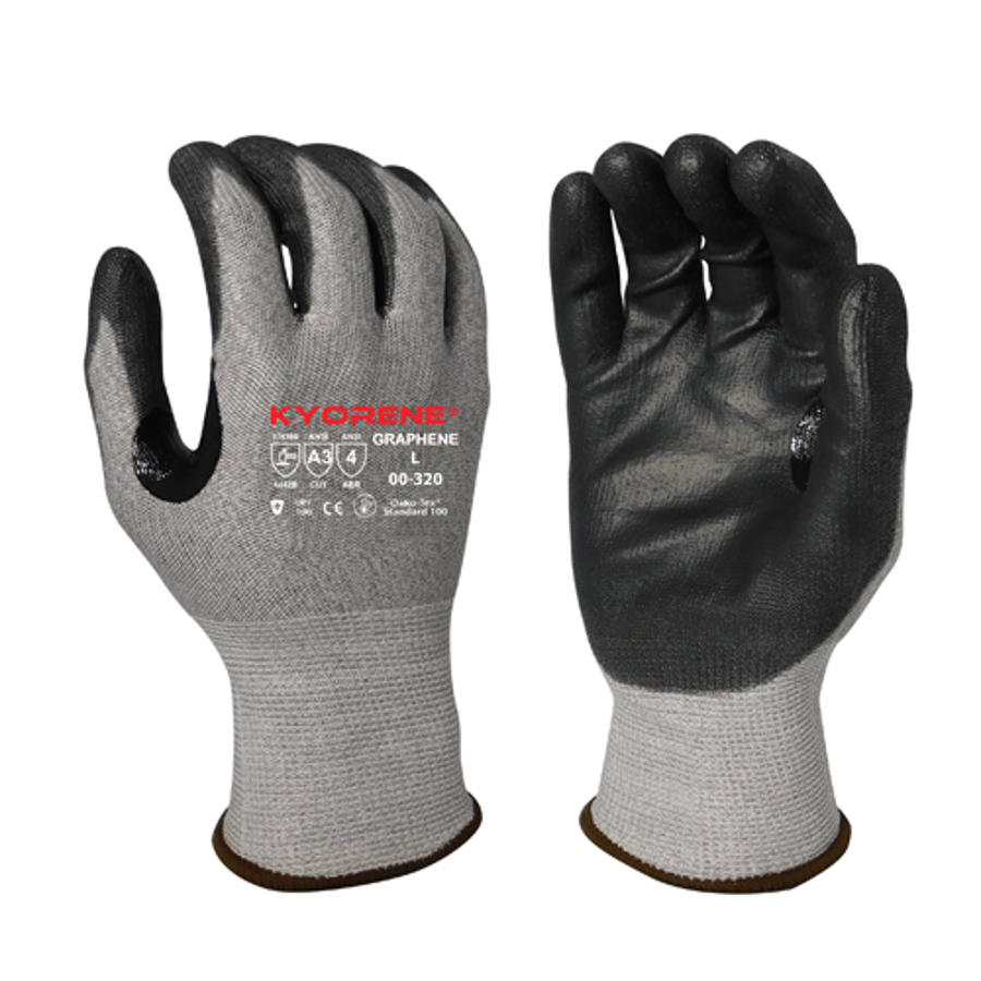 Kyorene Graphene Cut Resistant Gloves w/Polyurethane Palm Coating, 00-320, Cut A3, Black/Gray