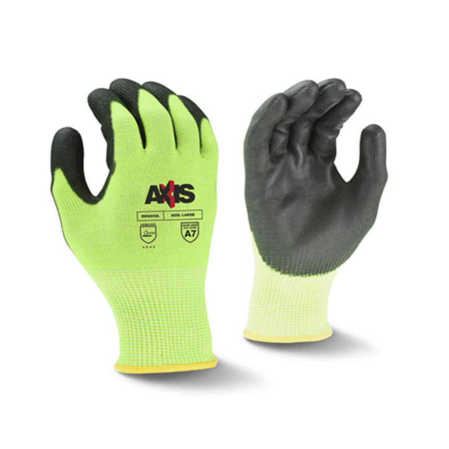 Axis HPPE w/Fiberglass Cut Resistant Gloves w/Polyurethane Palm Coating, RWG558, Cut A8, Hi-Vis Lime