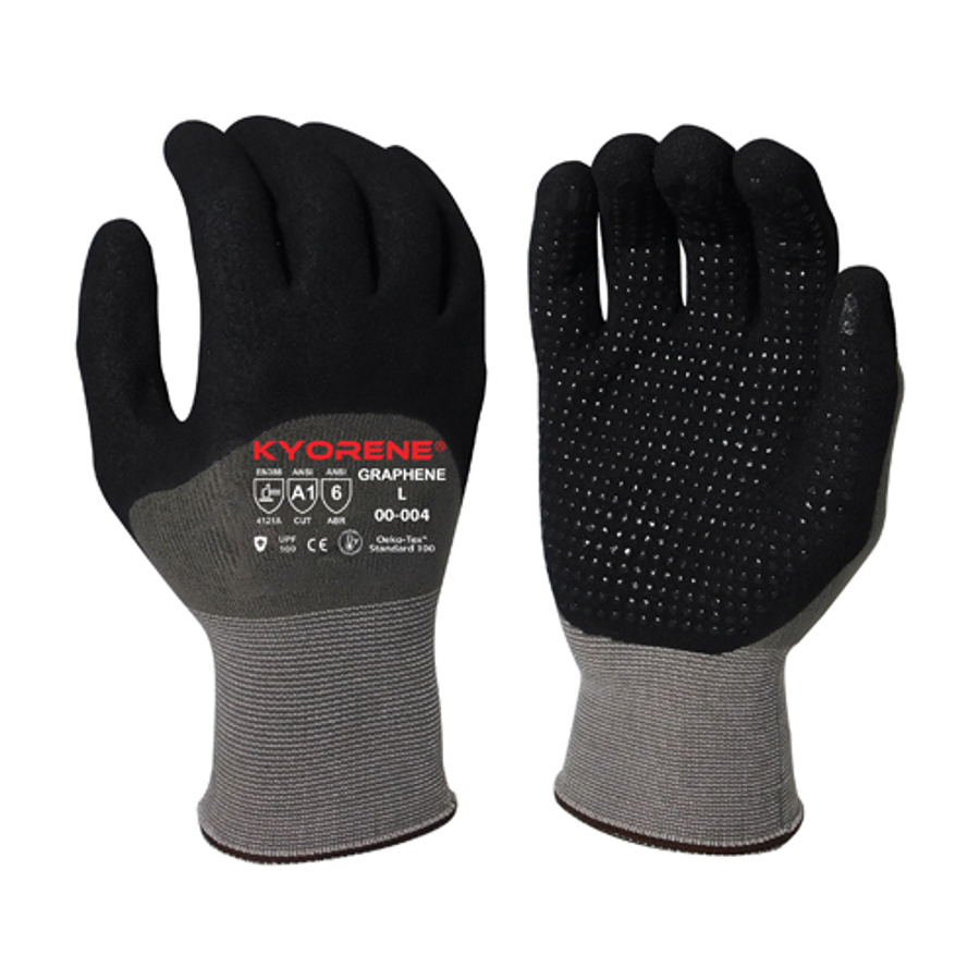 Kyorene Gloves w/HCT Micro-Foam Nitrile Knuckle & Dotted Palm Coating, 00-004, Cut A1, Black/Gray