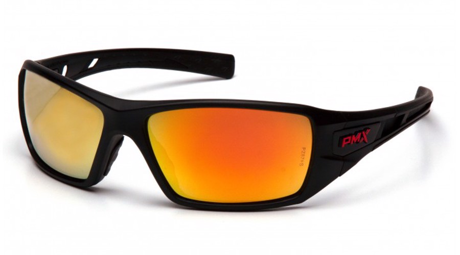 Velar Safety Glasses, Black/Red Frame, Ice Orange Mirror Lens