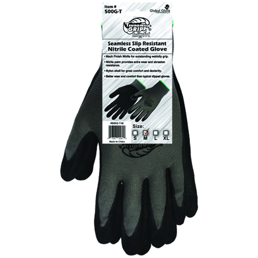 Tsunami Grip Nylon Gloves w/Nitrile Palm Coating, 500G-T, Cut A1, Black/Gray