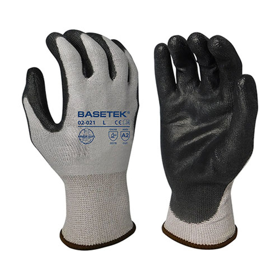 Basetek HDPE Cut Resistant Gloves w/Polyurethane Palm Coating, 02-021, Cut A2, Black/Gray