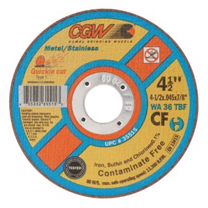 Contaminant-Free Cut-Off Wheels, 35515, Type 1, 4-1/2" Diameter, 0.045" Thickness, 7/8" Arbor
