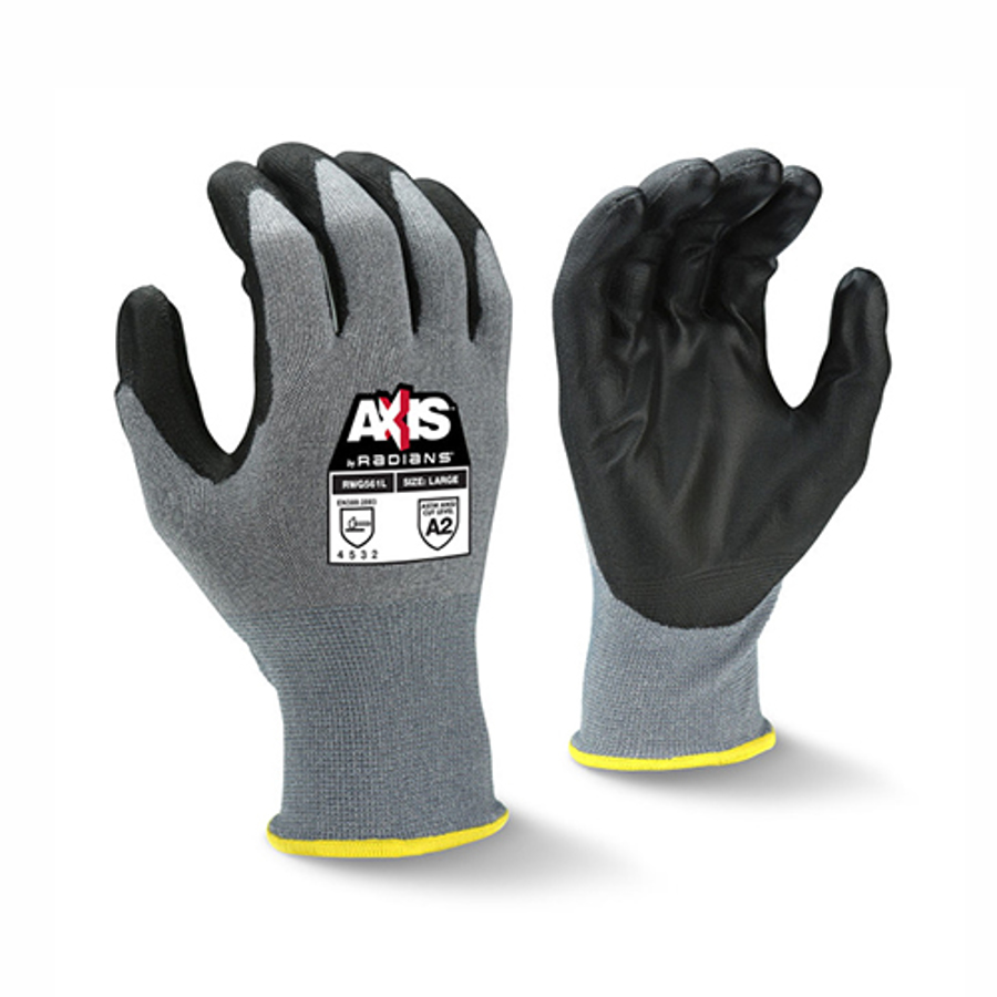 Axis HPPE Cut Resistant Gloves w/Polyurethane Palm Coating, RWG561, Cut A2, Black/Gray