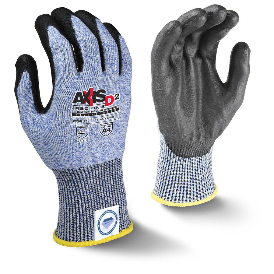 Axis D2 Polyester w/Dyneema Cut Resistant Gloves w/Polyurethane Palm Coating, RWGD104, Black/Blue