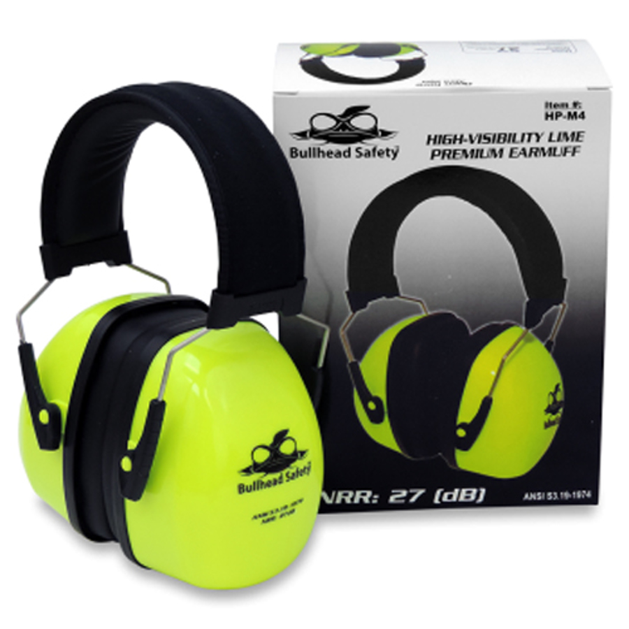 Bullhead Safety Premium Padded Headband Earmuffs, HP-M4, Black/Hi-Vis Green, 27 dB