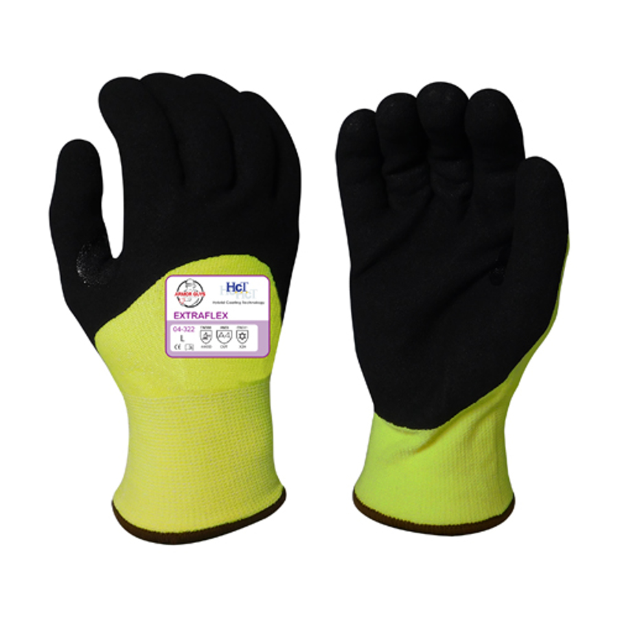 Extraflex Engineered Yarn Cut Resistant Gloves w/Three-Quarter Dipped HCT Micro-Foam Nitrile Coating, 04-322, Cut A4, Black/Hi-Vis Yellow