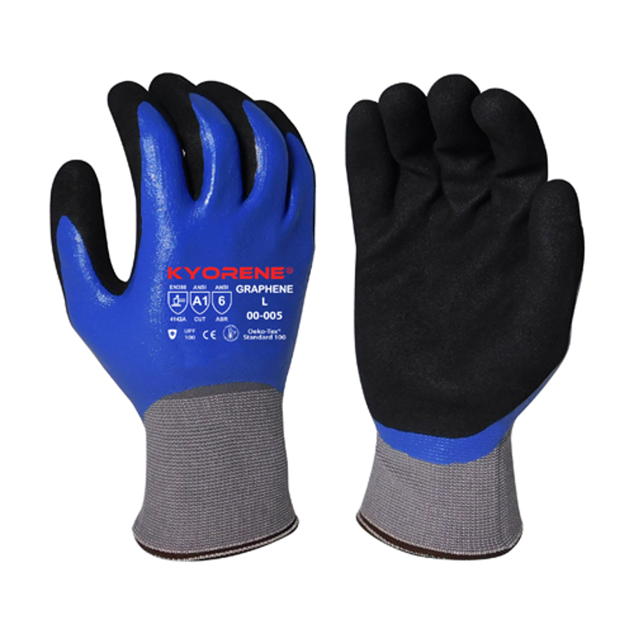 Kyorene Gloves w/Full Nitrile Coating & HCT Micro-Foam Nitrile Palm Coating, 00-005, Cut A1, Black/Blue/Gray