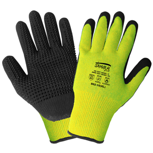 Samurai Glove Aramid & Polyester Cut Resistant Gloves w/Dotted Nitrile Palm Coating, 802, Cut A4, Black/Hi-Vis Green