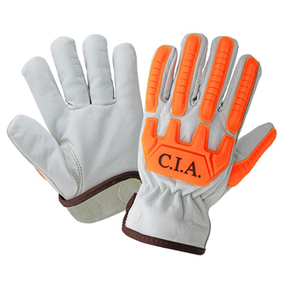Buffalo Leather Cut Resistant Drivers Gloves w/TPR Impact Protection, CIA7700, Gray/Hi-Vis Orange