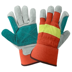 Economy Split Cowhide Leather Double Palm Gloves, 2300HVDP, Gray/Hi-Vis Orange/Teal/Yellow, Large