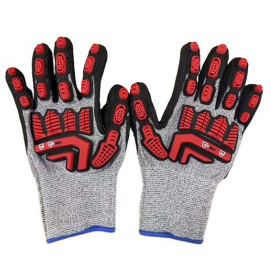 HPPE Cut & Impact Resistant Gloves w/Foam Nitrile Palm Coating, Cut A5, Black/Hi-Vis Red/Salt & Pepper