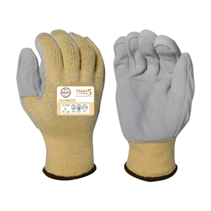 Taeki5 Cut Resistant Gloves w/Leather Palm, 01-006, Cut A4, Gray/Yellow