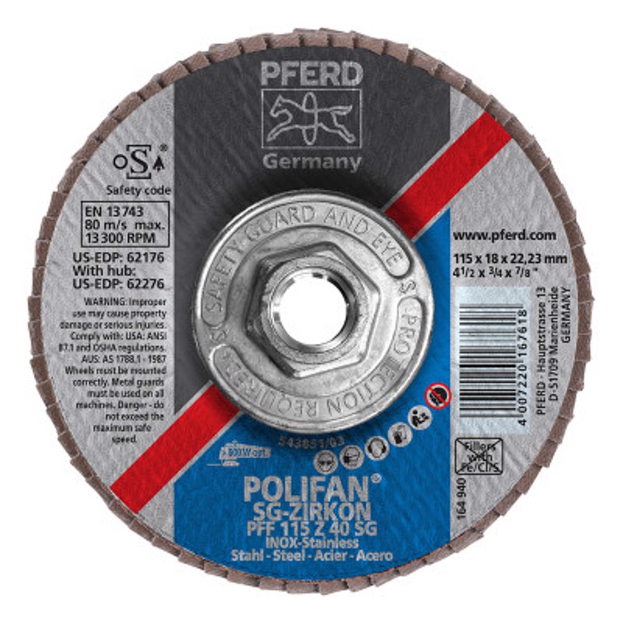 Polifan Z SG Power Steelox Flap Disc, 62276, Type 27, 4-1/2" Diameter, 5/8"-11 Arbor Thread, 40 Grit