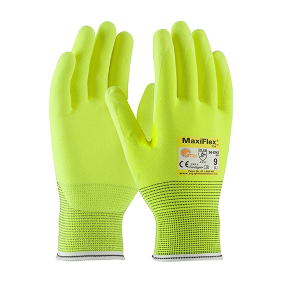 MaxiFlex Cut Seamless Knit Micro Foam Nitrile Coated Palm Gloves, 34-8743FY, Cut A2, Hi-Vis Yellow