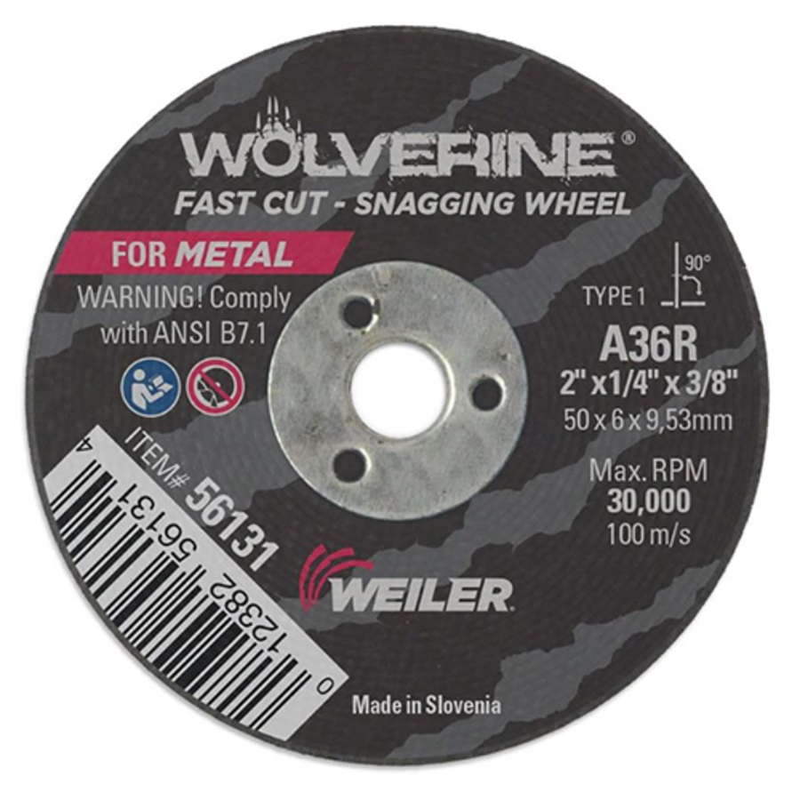 Wolverine Snagging Wheel, 56131, Type 1, 2" Diameter, 1/4" Thickness, 3/8" Arbor