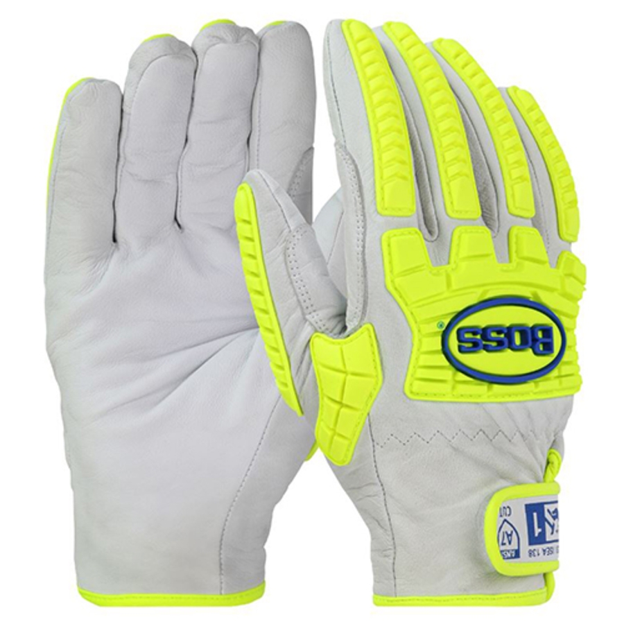 Boss Goatskin Leather Cut & Impact Resistant Drivers Gloves, 9916, Gray/Hi-Vis Green