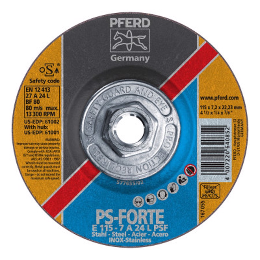 PSF Steelox Grinding Wheel, 61001, Type 27, 4-1/2" Diameter, 1/4" Thickness, 5/8"-11 Arbor