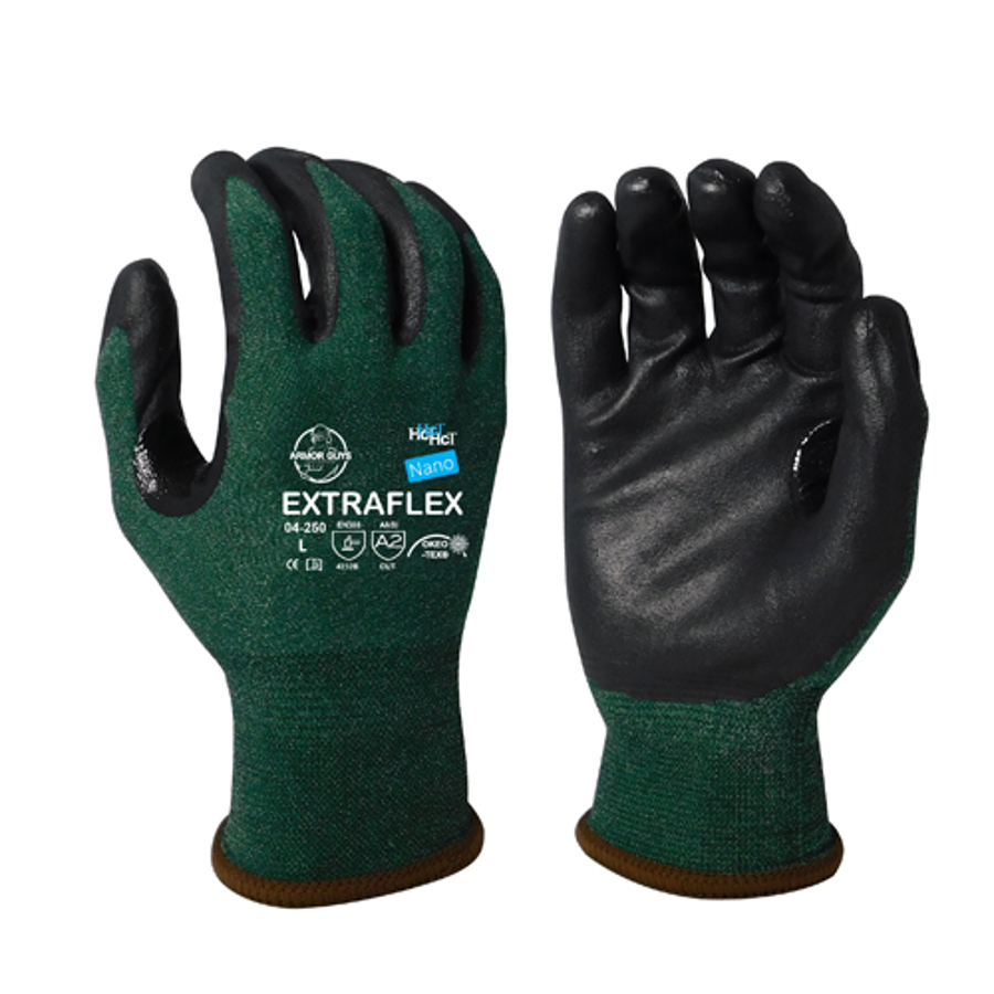 Extraflex Engineered Yarn Cut Resistant Gloves w/HCT Nano-Foam Nitrile Palm Coating, 04-250, Cut A2, Black/Green