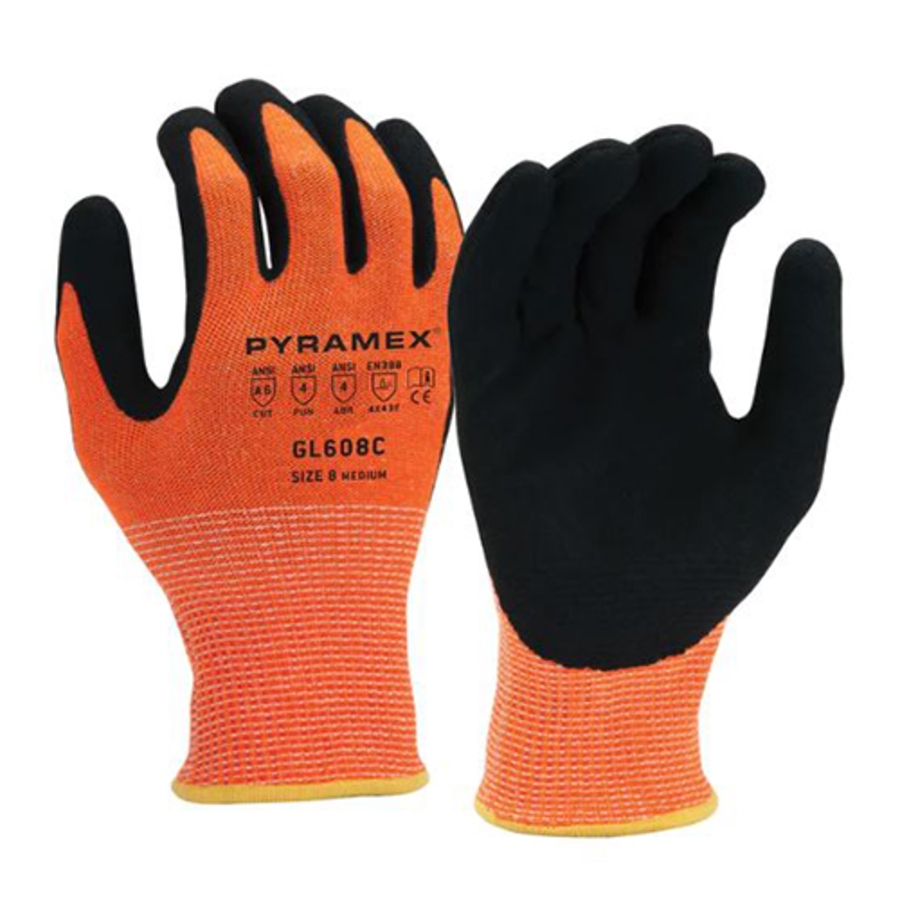 Cut Resistant Gloves w/Nitrile Sandy Palm Coating, GL608C, Cut A6, Hi-Vis Orange