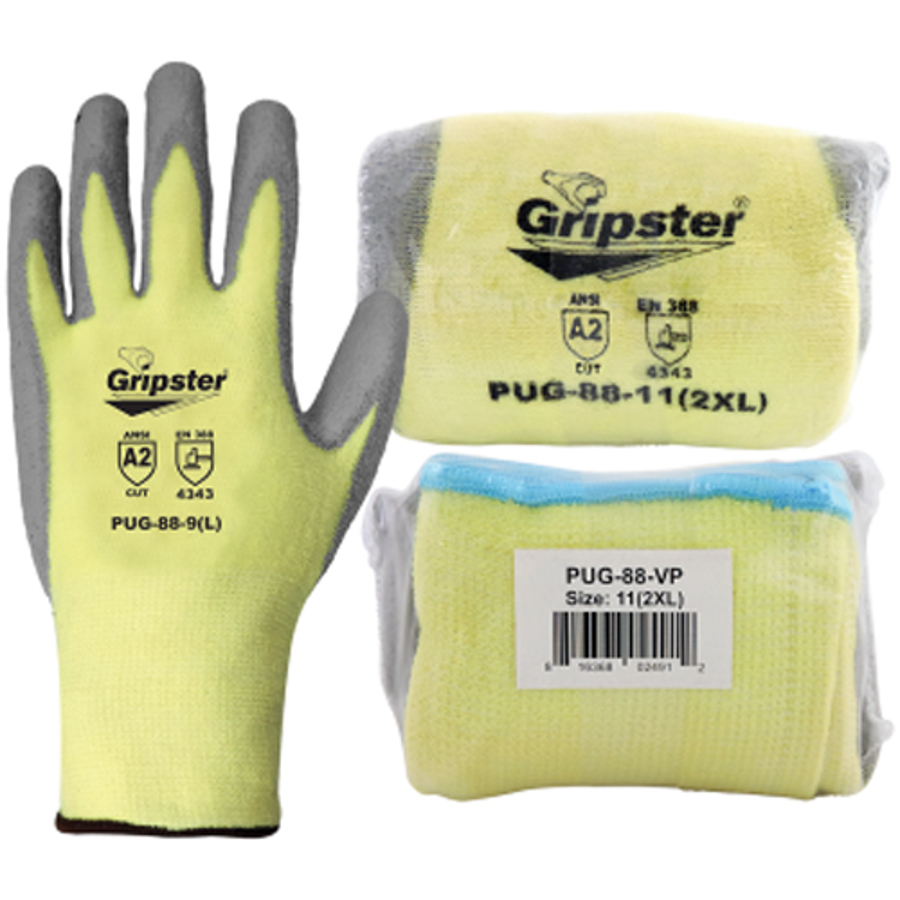 Gripster Aramid Fiber Cut Resistant Gloves w/Polyurethane Palm Coating, PUG-88-VP, Cut A2, Vend-Pack, Gray/Yellow