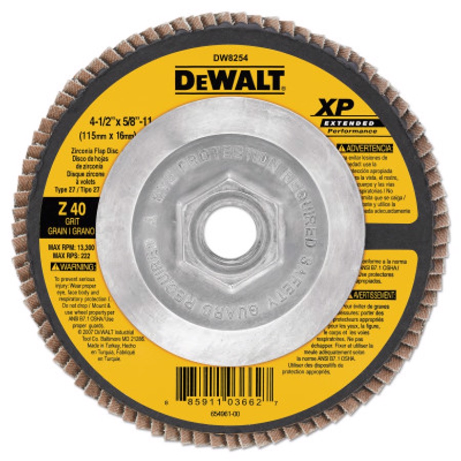 XP Flap Disc, DW8254, Type 27, 4-1/2" Diameter, 5/8"-11 Arbor Thread, 40 Grit