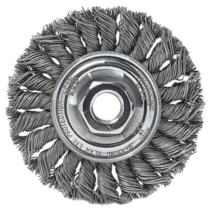 Standard Twist Knot Wire Wheel, 13113, 4" Diameter, 0.014" Stainless Steel Fill, 5/8"-11 Arbor Thread