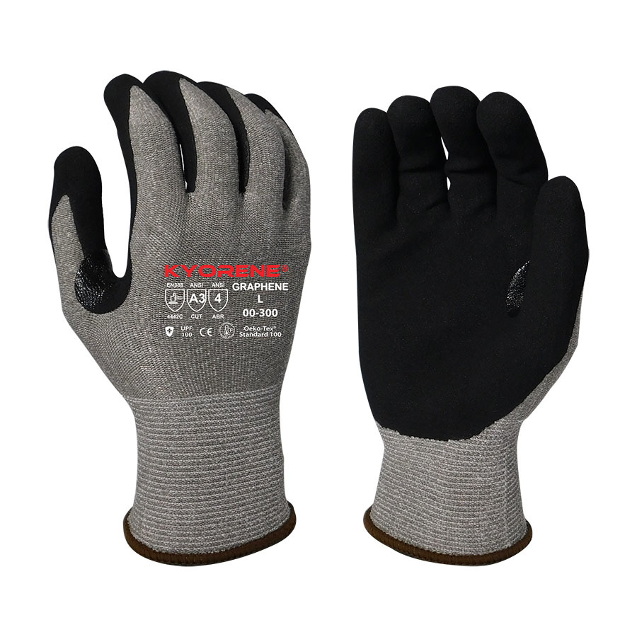 Kyorene Graphene Cut Resistant Gloves w/HCT Micro-Foam Nitrile Palm Coating, 00-300, Cut A3, Black/Gray