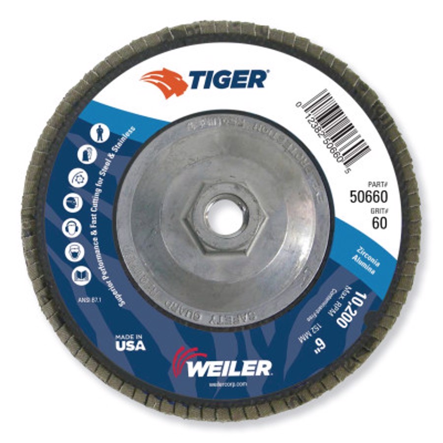 Tiger Abrasive Flap Disc, 50660, Type 29, 6" Diameter, 5/8"-11 Arbor Thread, 60 Grit