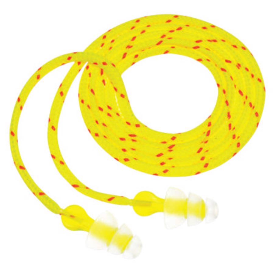 Tri-Flange Reusable Earplugs, P3001, Clear/Yellow, Corded, 26 dB