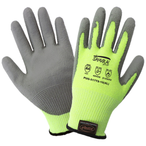 Samurai Glove Touchscreen Compatible TuffKut Cut Resistant Gloves w/Polyurethane Palm Coating, PUG-517TS, Cut A4, Gray/Hi-Vis Green