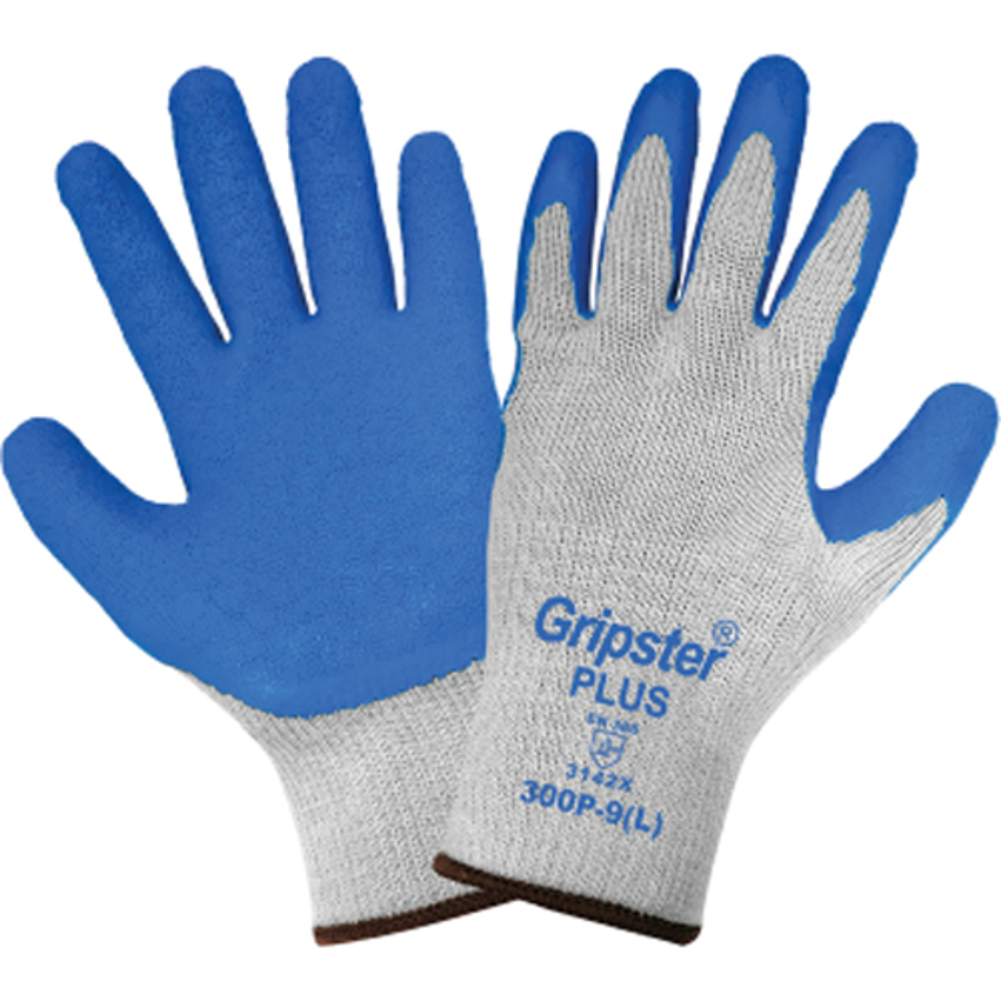 Gripster Plus Premium Polyester/Cotton Gloves w/Rubber Palm Coating, 300P, Cut A1/A2, Blue/Gray