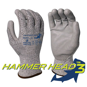 Hammer Head 3 Basetek HDPE Cut Resistant Gloves w/Polyurethane Palm Coating, 02-013, Cut A3, Salt & Pepper