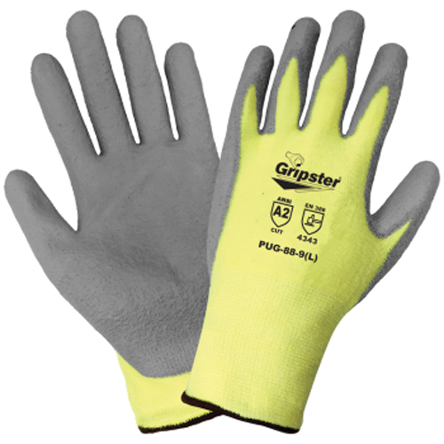 Gripster Kevlar & Spandex Cut Resistant Gloves w/Polyurethane Palm Coating, PUG-88, Cut A2, Gray/Yellow