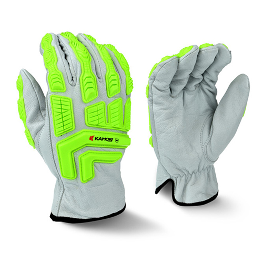 KAMORI Grain Goatskin Cut & Impact Resistant Gloves, RWG50, Cut A5, Gray/Hi-Vis Green