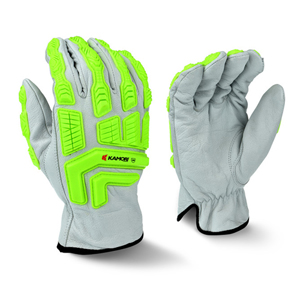KAMORI Grain Goatskin Cut & Impact Resistant Gloves, RWG50, Gray/Hi-Vis Green