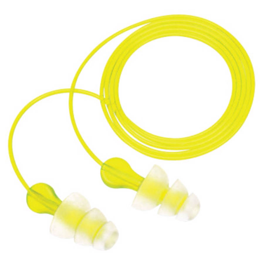 Tri-Flange Reusable Earplugs, P3000, Clear/Yellow, Corded, 26 dB