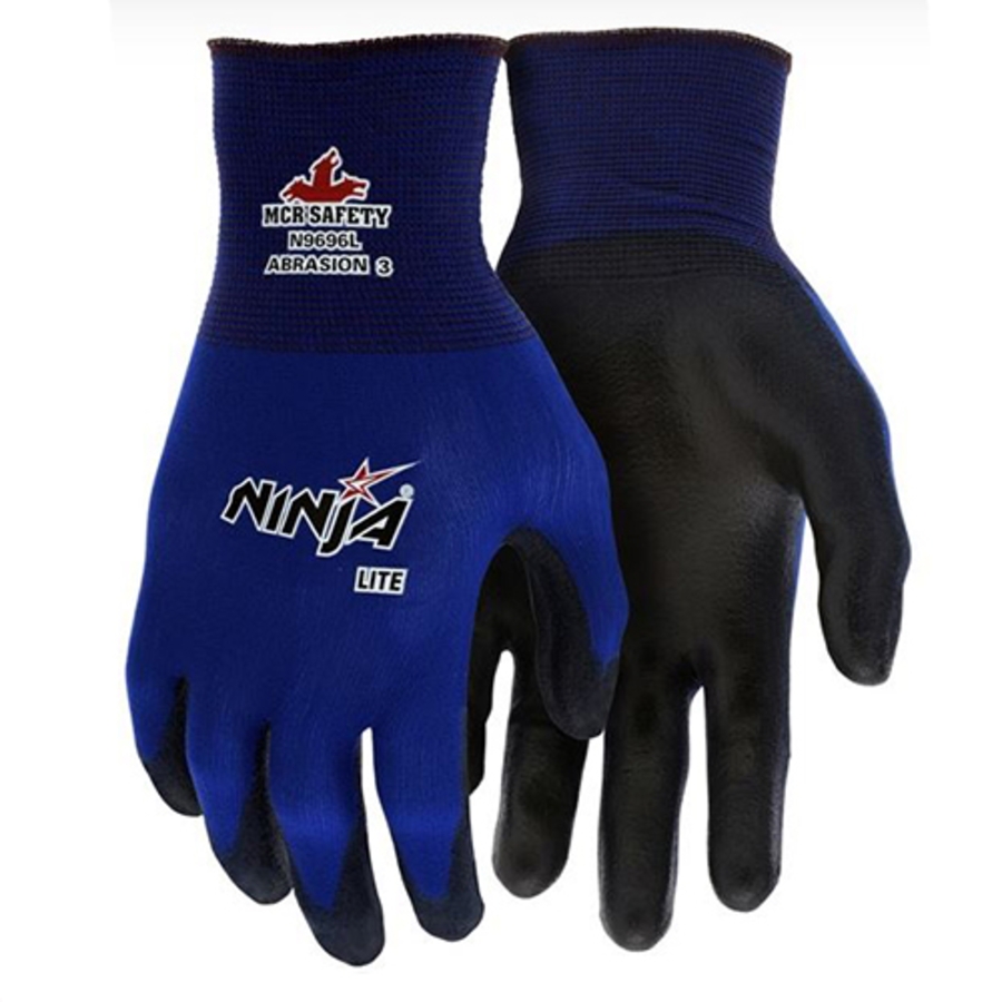 Ninja Lite Nylon Cut Resistant Work Gloves w/Polyurethane Palm Coating, N9696, Black/Blue