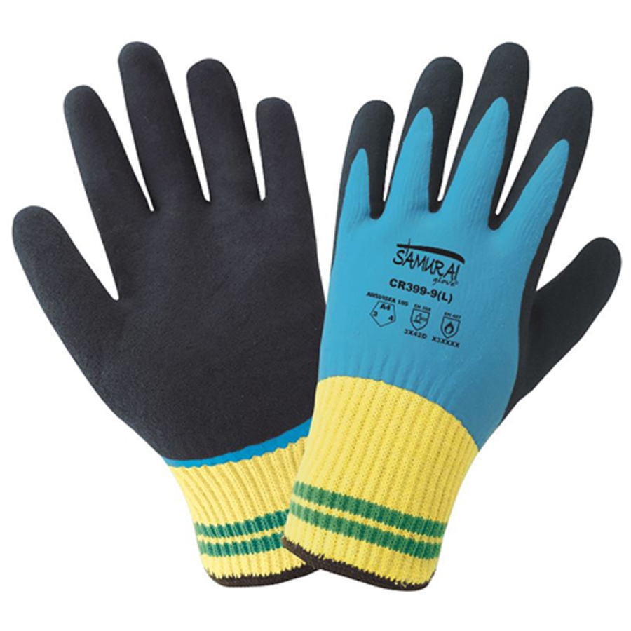 Samurai Glove Aralene Cut Resistant Gloves w/Full Rubber Latex Coating, CR399, Cut A4, Black/Blue/Yellow