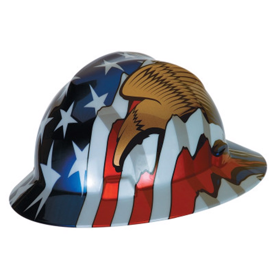 Freedom Series V-Gard Slotted Full Brim Hard Hat, 10071159, Non-Vented, Fas-Trac III Suspension, American Flag w/2 Eagles