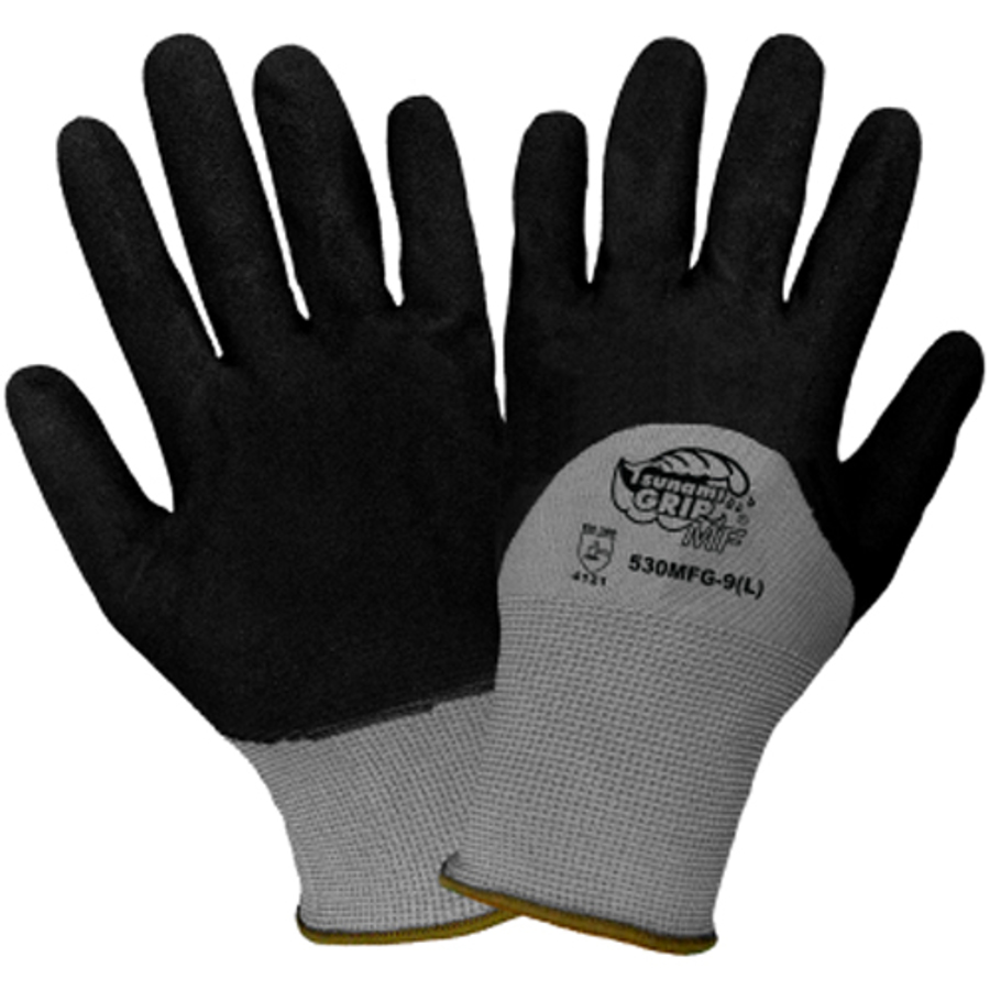 Tsunami Grip Nylon Gloves w/Double-Dipped Nitrile Coating, 530MFG, Cut A1, Black/Gray