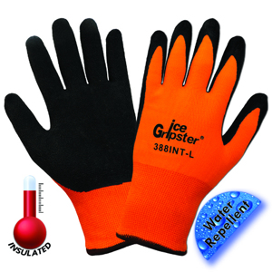 Ice Gripster Nylon & Acrylic Terry Cloth Low Temp Gloves w/Etched Rubber Palms, 388INT, Black/Hi-Vis Orange