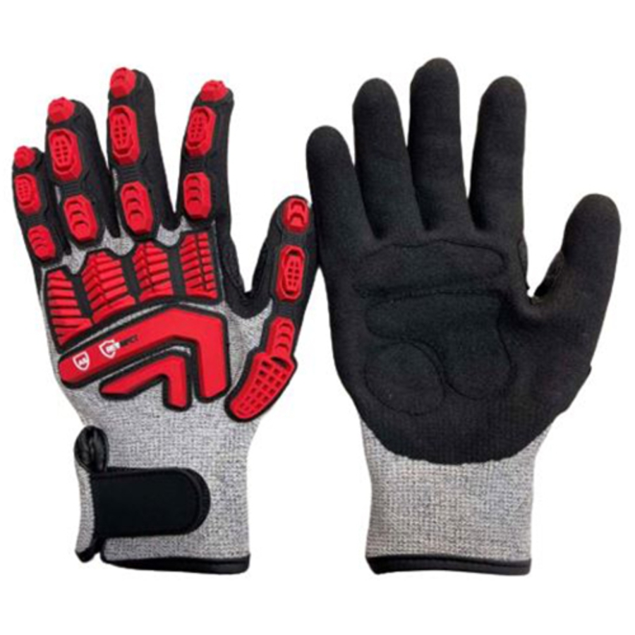 HPPE Cut & Impact Resistant Padded Gloves w/Foam Nitrile Palm Coating, Cut A5, Black/Hi-Vis Red/Salt & Pepper